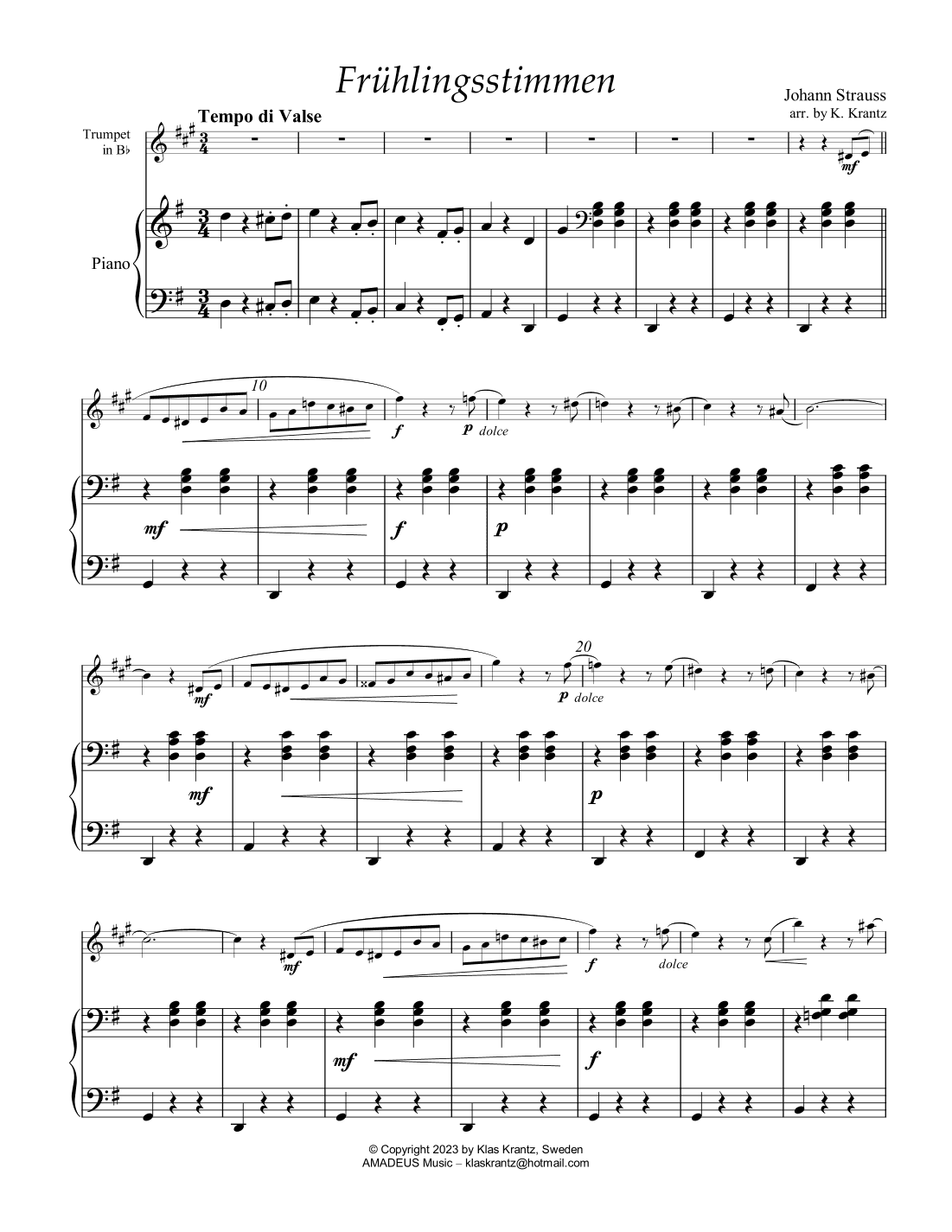 Frühlingsstimmen / Voices of Spring for trumpet in Bb and piano (G Major) (arr. K. Krantz)