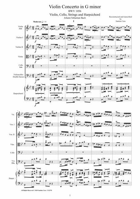 Bach - Violin Concerto in G minor BWV 1056 for Violin, Cello, Strings and Harpsichord (arr. Santino Cara)