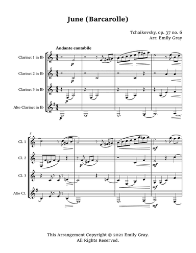June:Barcarolle (Clarinet Quartet With Alto Clarinet) (arr. Emily Gray)