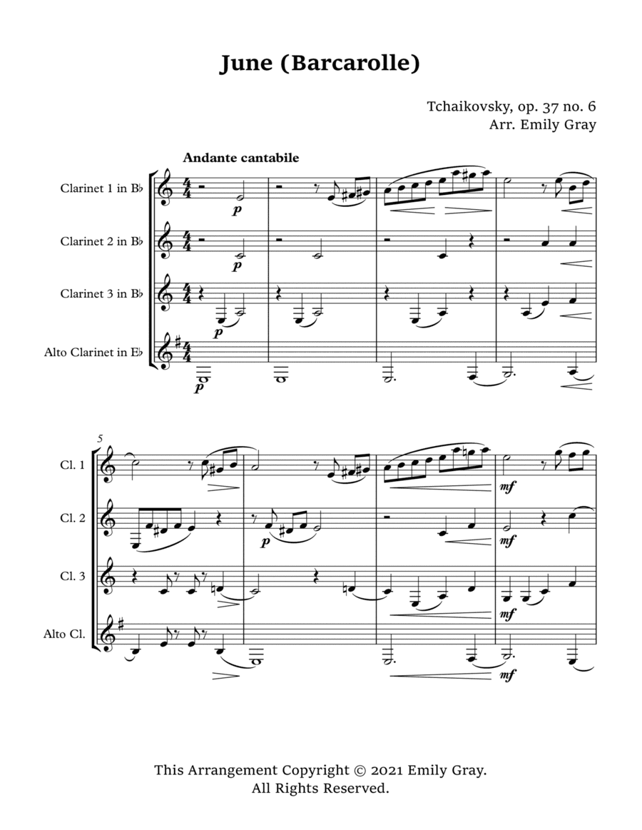 June:Barcarolle (Clarinet Quartet With Alto Clarinet) (arr. Emily Gray)