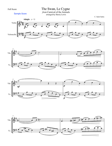 THE SWAN, LE CYGNE String Duo, Intermediate Level of violin and cello (arr. Sherry Lewis)
