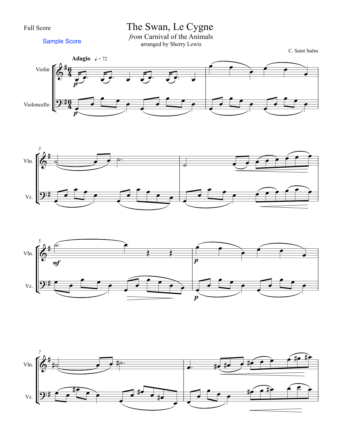 THE SWAN, LE CYGNE String Duo, Intermediate Level of violin and cello (arr. Sherry Lewis)