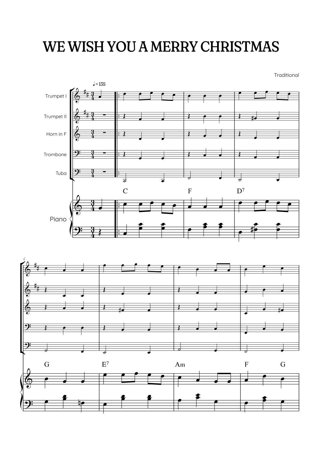 We Wish You a Merry Christmas for Brass Quintet & Piano• easy Christmas sheet music w/ chords (arr. Benzaiten Editions)