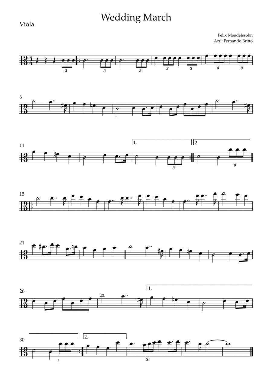 Wedding March (Felix Mendelssohn) for Viola Solo (arr. Fernando Britto)