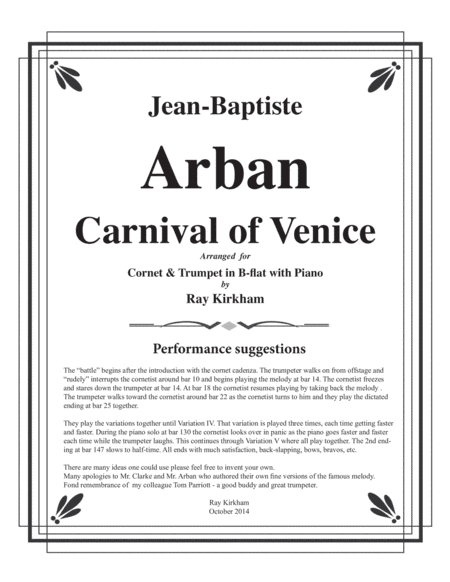 The Carnival of Venice for Cornet and Trumpet Duo with Piano accompaniment (arr. Ray Kirkham)