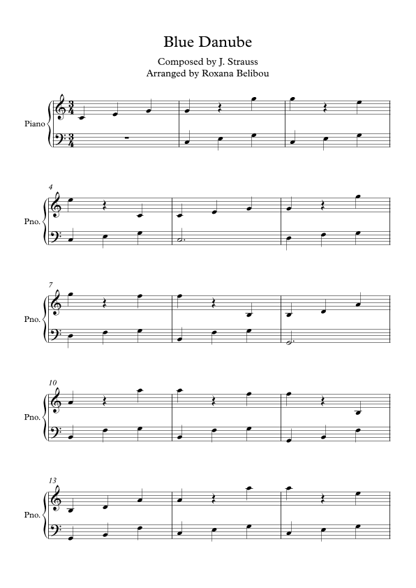 Blue Danube by Strauss Easy Piano (arr. Roxana Belibou)