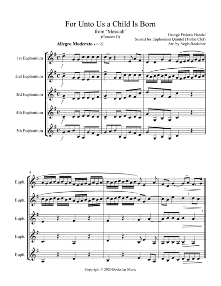 For Unto Us a Child is Born (from "Messiah") (G) (Euphonium Quintet - Treble Clef) (arr. Regis Bookshar)