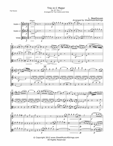 Beethoven, L. - Op. 87 Trio (Mvt. 1) for Two Violins and Viola (arr. Linda M. Scott)