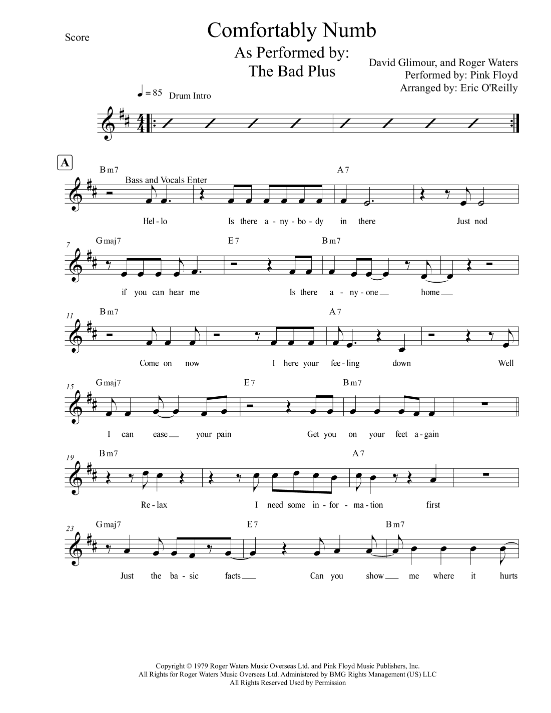 Comfortably Numb - Score Only (arr. Eric O'Reilly)