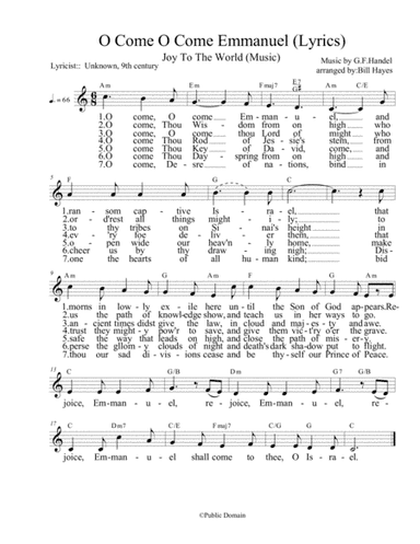 O Come, O Come Emmanuel lyrics with Joy to the World melody in 6/8 time signature. (arr. Bill Hayes)