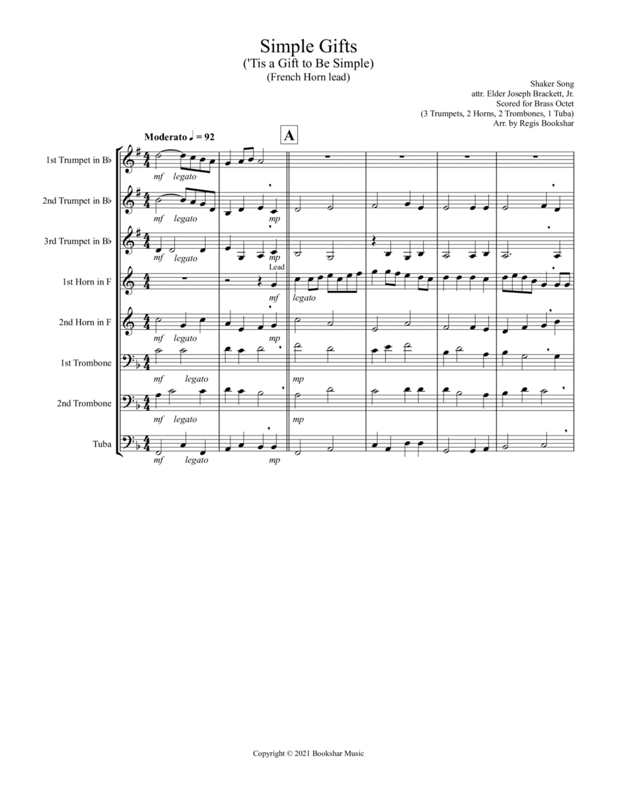 Simple Gifts ('Tis the Gift to Be Simple) (F) (Brass Octet - 3 Trp, 2 Hrn, 2 Trb, 1 Tuba) (Horn lead (arr. Regis Bookshar)