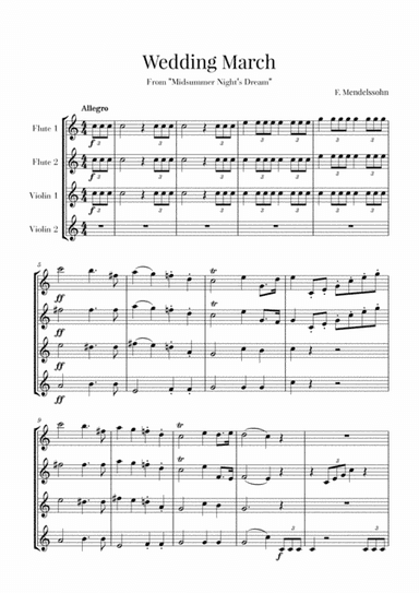 Wedding March for 2 Violins and 2 Flutes - Mendelssohn (arr. Cadenza Editions)