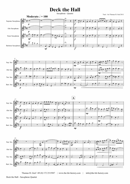 Deck the halls - Christmas Carol - Polyphonic - Saxophone Quartet (arr. Thomas H. Graf)