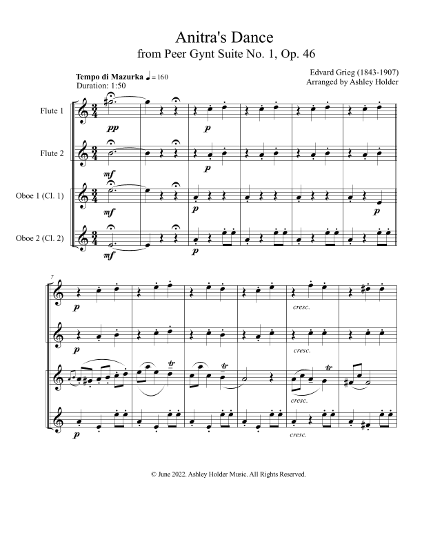 Anitra's Dance from Peer Gynt Suite No. 1 for Woodwind Quartet (arr. Ashley Holder)