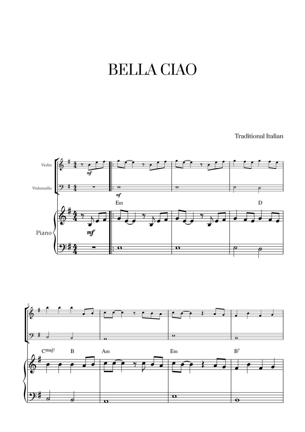 Bella Ciao with chords for Violin, Cello and Piano (arr. Cadenza Editions)