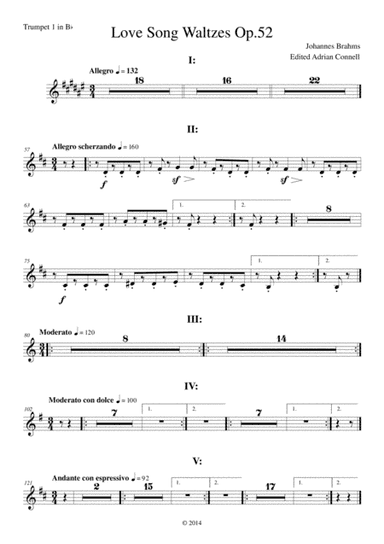 Brahms - Love Song Waltzes Op.52 for Choir and Chamber Orchestra - Trumpet 1 (arr. Adrian Connell)