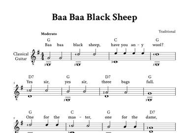 Baa Baa Black Sheep - Fingerstyle Guitar (with Chords and Lyrics) (arr. Yuri Noronha)