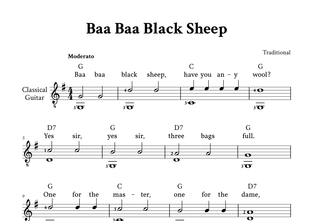 Baa Baa Black Sheep - Fingerstyle Guitar (with Chords and Lyrics) (arr. Yuri Noronha)