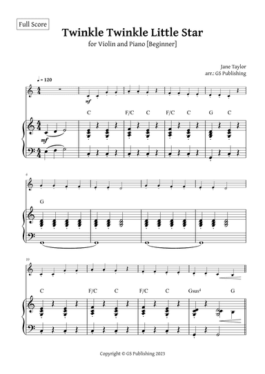 Twinkle Twinkle Little Star for Violin and Piano Beginner with Chord Symbols (arr. GS Publishing)