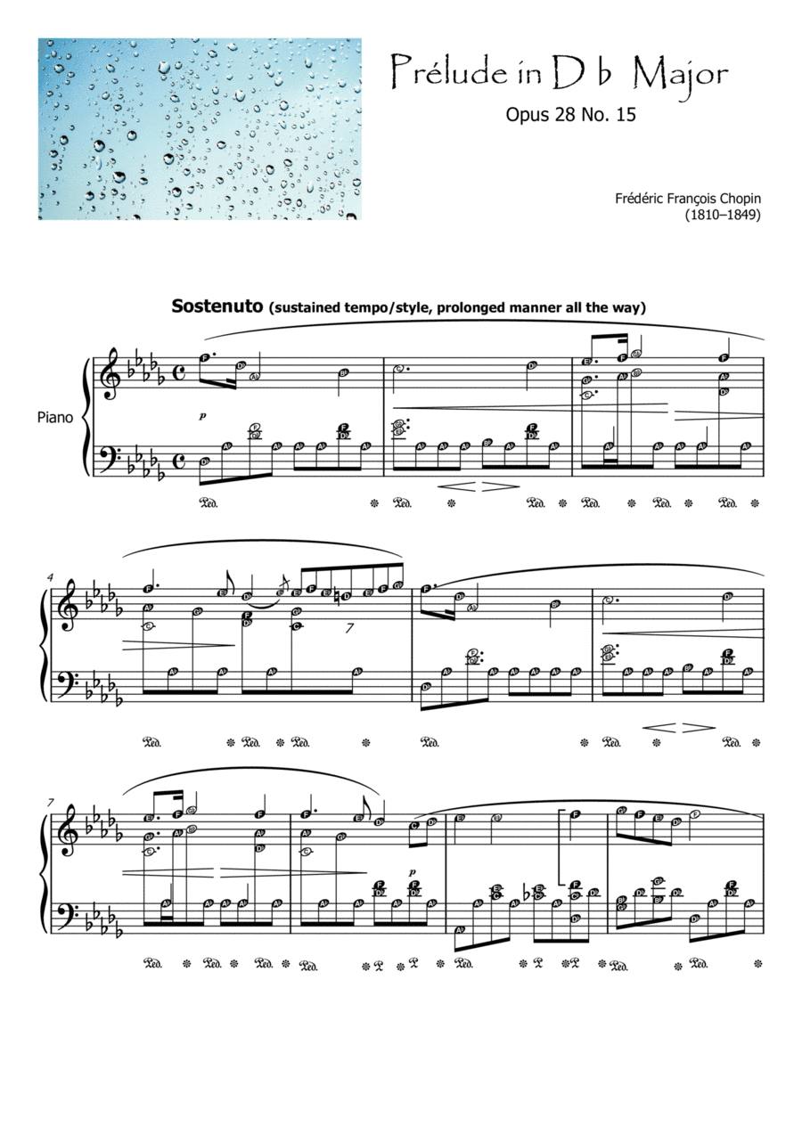 Prelude Op. 28 No. 15 in D-flat major (Chopin) with note names & terms meaning (arr. Published Harmony Valarie)
