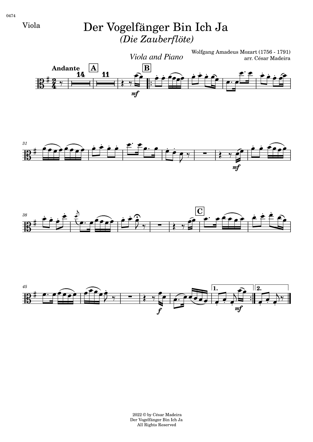 Der Vogelfänger Bin Ich Ja - Viol and Piano (Individual Parts) (arr. César Madeira)