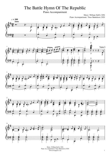 The Battle Hymn Of The Republic - Piano Accompaniment in G and A (arr. Tinus Badenhorst)
