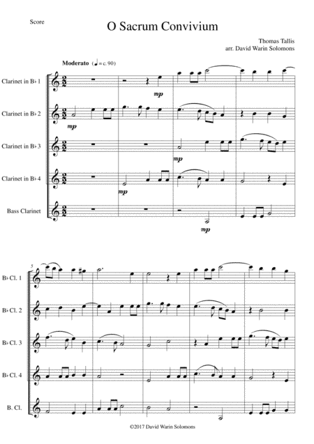 O Sacrum Convivium for clarinet quintet (4 clarinets and 1 bass or 5 clarinets) (arr. David Warin Solomons)