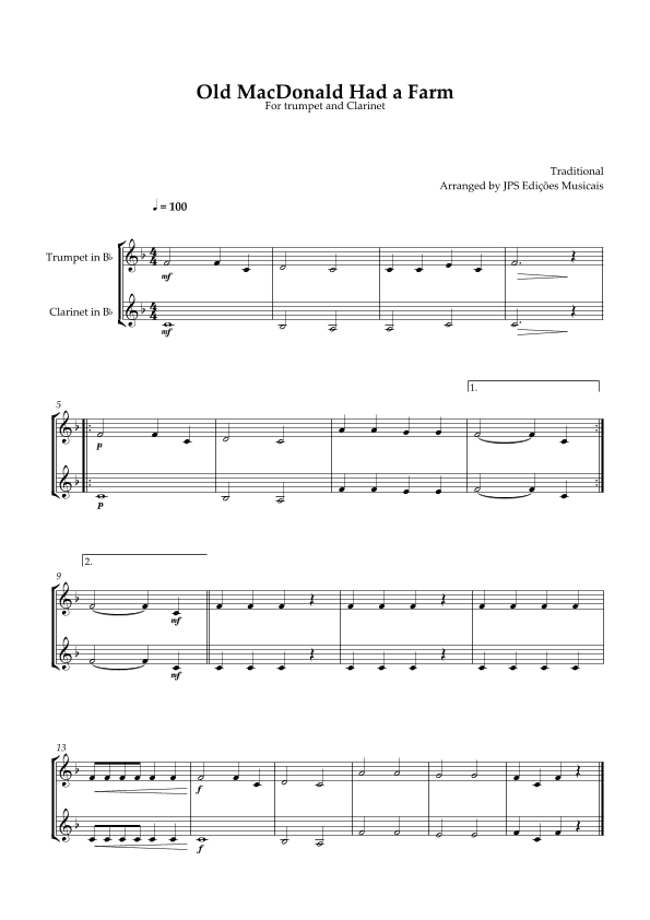 Old MacDonald Had A Farm for trumpet and clarinet (arr. JPS Edições Musicais)