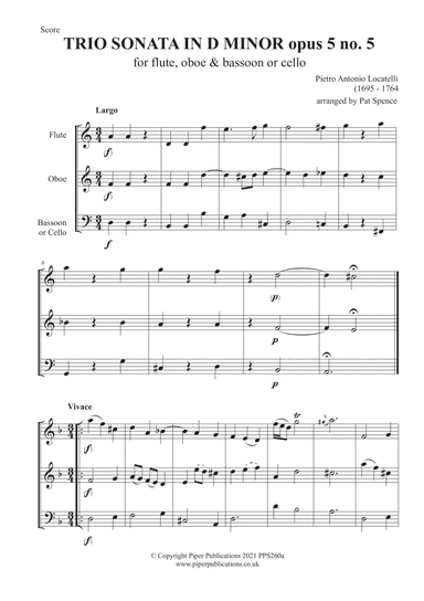 LOCATELLI: TRIO SONATA IN D MINOR OPUS 5 No. 5 for flute, oboe & bassoon or cello (arr. Pat Spence)