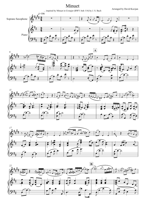 Minuet in G major, BWV Anh 114 (soprano sax & piano) (arr. David Kocijan)