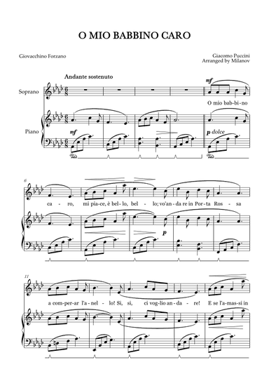 O Mio Babbino Caro | Female Voice Soprano | A-flat Major | Piano accompaniment | Pedal (arr. Milanov)
