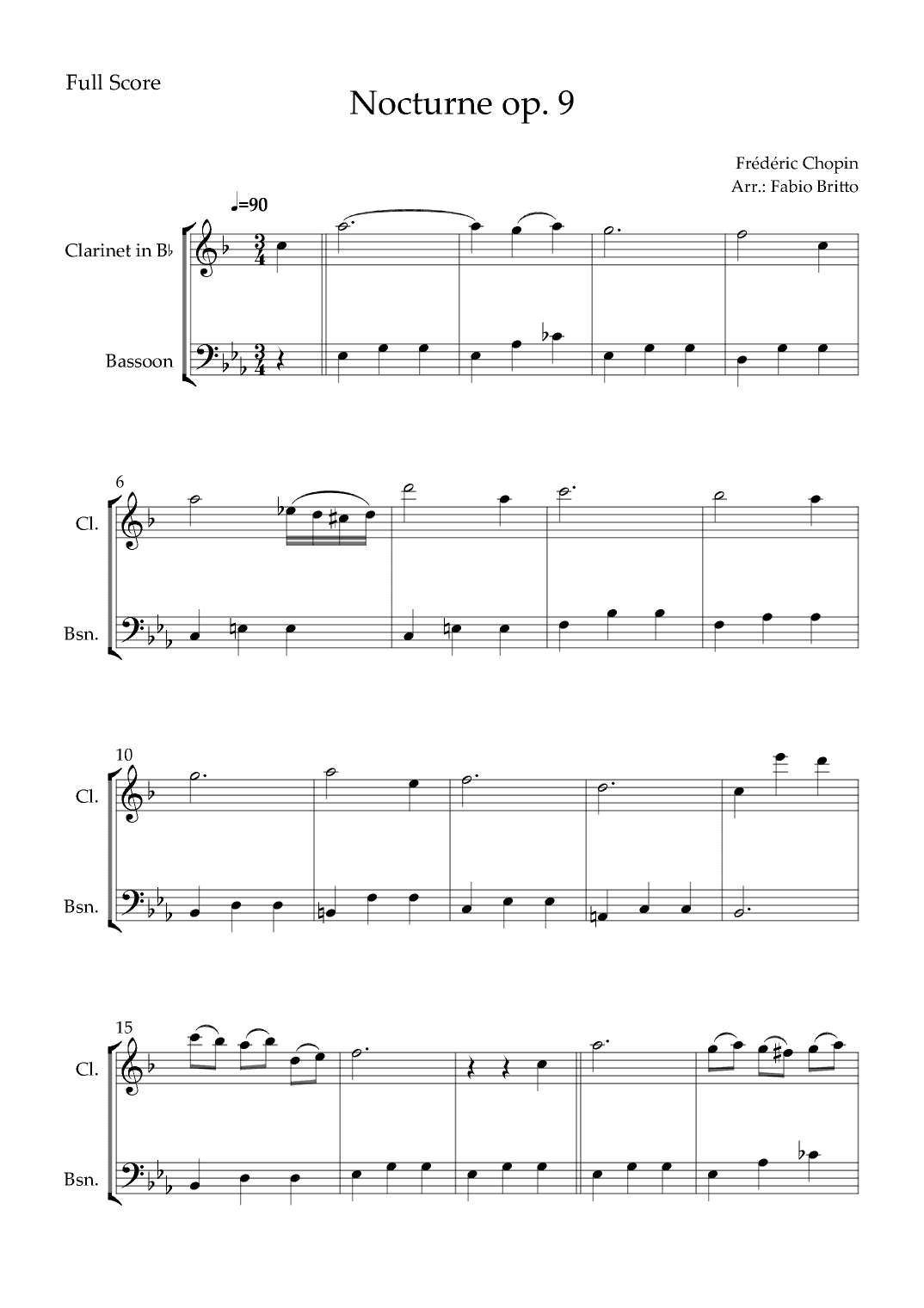 Nocturne Op.9 No. 2 (Frédéric Chopin) for Clarinet in Bb & Bassoon Duo (arr. Fabio Britto)