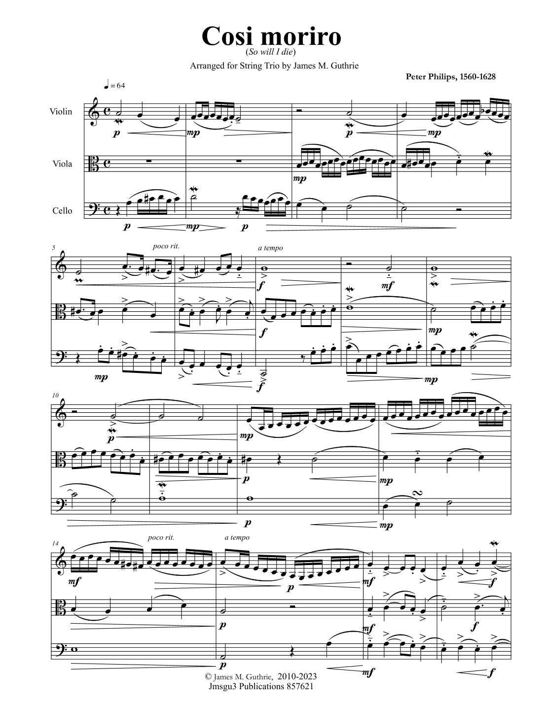 Philips: Cosi moriro for String Trio (arr. James M. Guthrie)