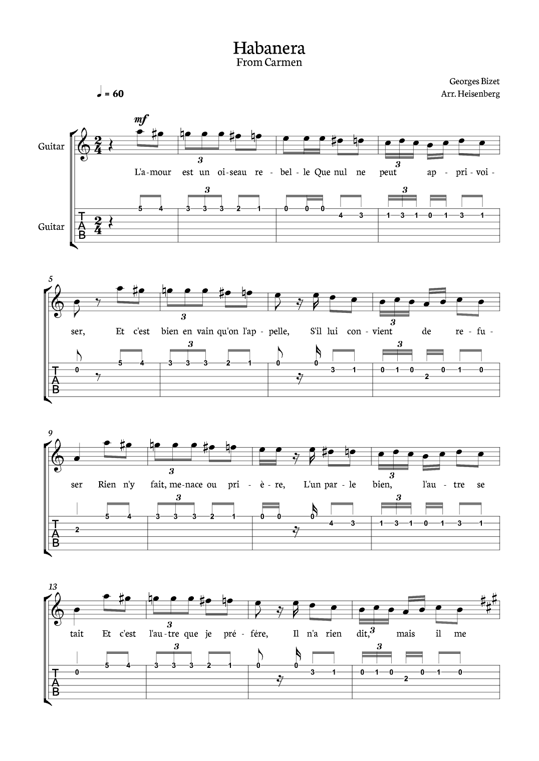 Habanera from Carmen for Classical Guitar with tab (arr. Heisenberg)