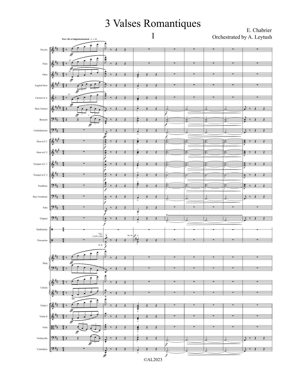E. Chabrier - 3 Valses Romaniques, Orchestrated by A. Leytush - Score Only