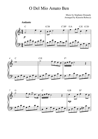 O Del Mio Amato Ben (piano solo with chords) (arr. Kaiserin Rebecca)
