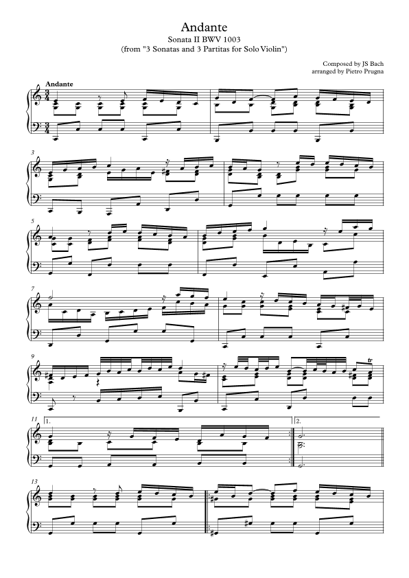 Andante (from "3 Partitas and 3 Sonatas for Solo Violin") (BWV 1003) - arranged for Solo Piano (arr. Pietro Prugna)