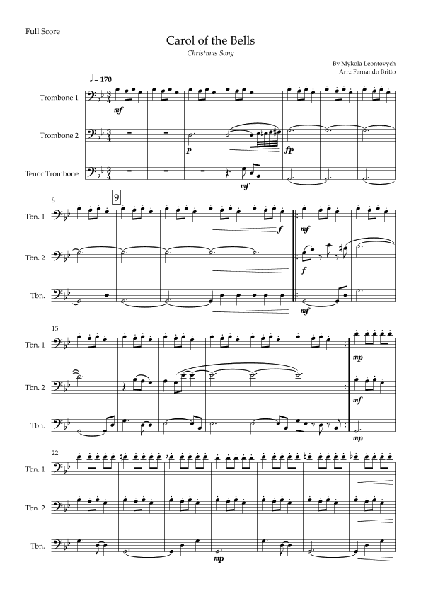 Carol of the Bells in Jazz Version (Christmas Song) for Trombone Trio (arr. Fabio Britto)