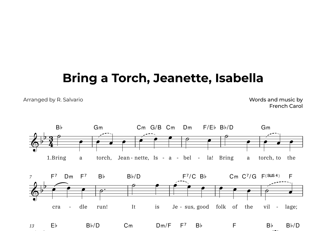 Bring a Torch, Jeanette, Isabella (Key of B-Flat Major) (arr. R. Salvario)