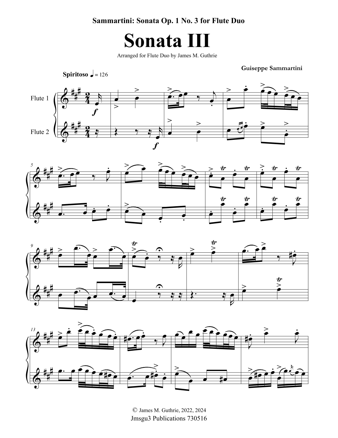 Sammartini: Sonata Op. 1 No. 3 for Flute Duo (arr. James M. Guthrie)