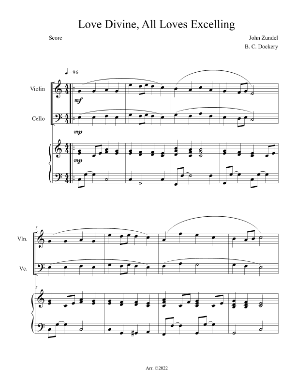 Love Divine, All Loves Excelling (Violin and Cello Duet with Piano Accompaniment) (arr. B. C. Dockery)