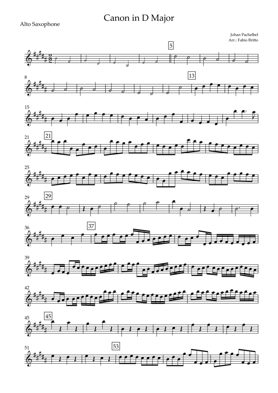 Canon in D Major (J. Pachelbel) for Alto Saxophone Solo (arr. Fabio Britto)