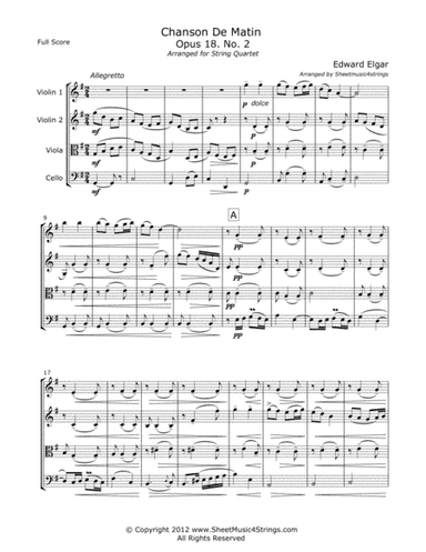 Elgar, E. - Chanson De Matin for String Quartet (arr. Linda M. Scott)