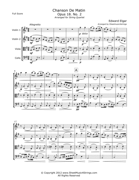 Elgar, E. - Chanson De Matin for String Quartet (arr. Linda M. Scott)