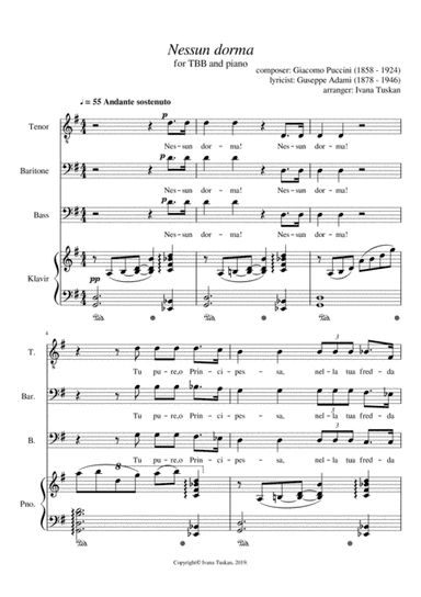 Nessun dorma, for TBB and piano, G major (arr. Ivana Tuskan)
