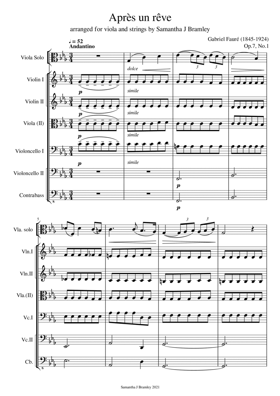Apres Un Reve - Fauré (for viola and strings) (arr. Samantha J Bramley)
