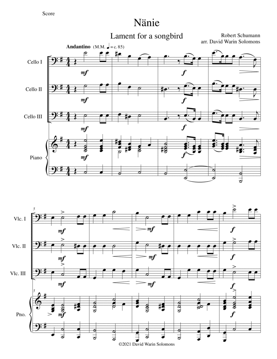 Nänie - lament for a songbird - for cello trio and piano (arr. David Warin Solomons)