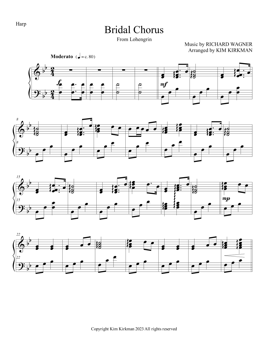 Bridal Chorus - Wagner - Here Comes the Bride for lever harp - no lever changes required (arr. Kim Kirkman)