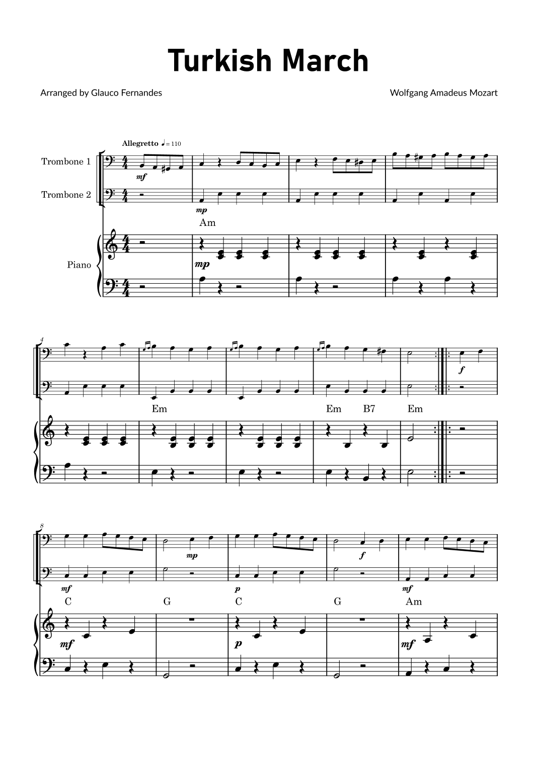 Turkish March by Mozart - Trombone Duet with Piano and Chord Notations (arr. Glauco Fernandes)