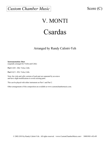Monti Csardas (Czardas): duet for 2 violas/cellos, or viola and cello (arr. Randy Calistri-Yeh)